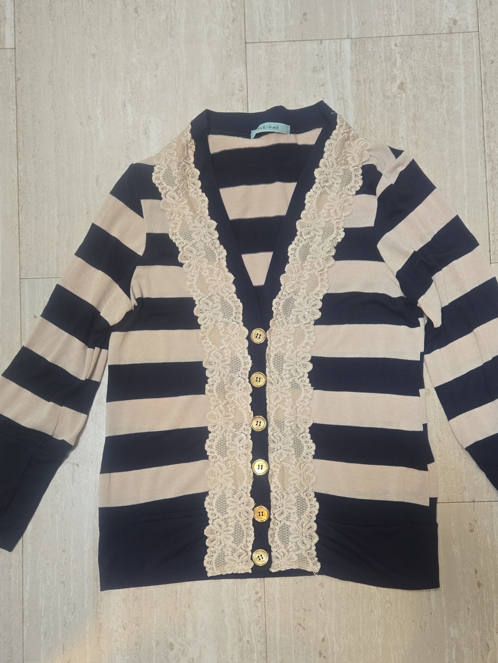 Pleione Navy/Creamy Tan Striped Button Down Cardigan with Lace Trim Accent